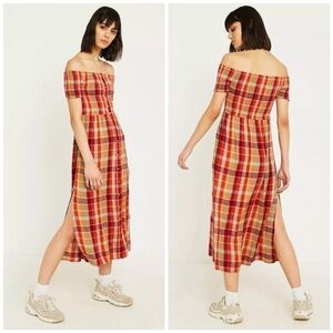 Urban Outfitters Monica Plaid Smocked Off-The-Shoulder Midi Dress Sz XS